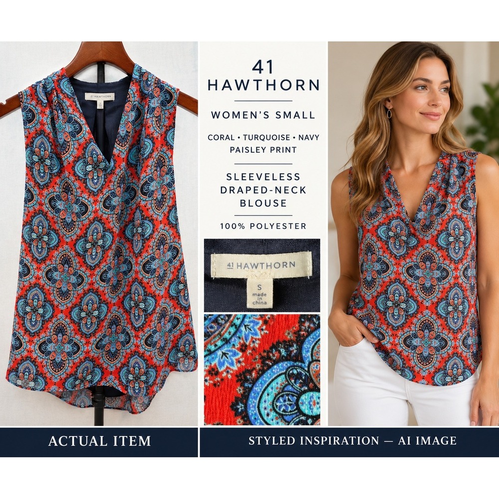 41 Hawthorn Stitch Fix Red Blue Bohemian Paisley Print Sleeveless V-Neck Top S